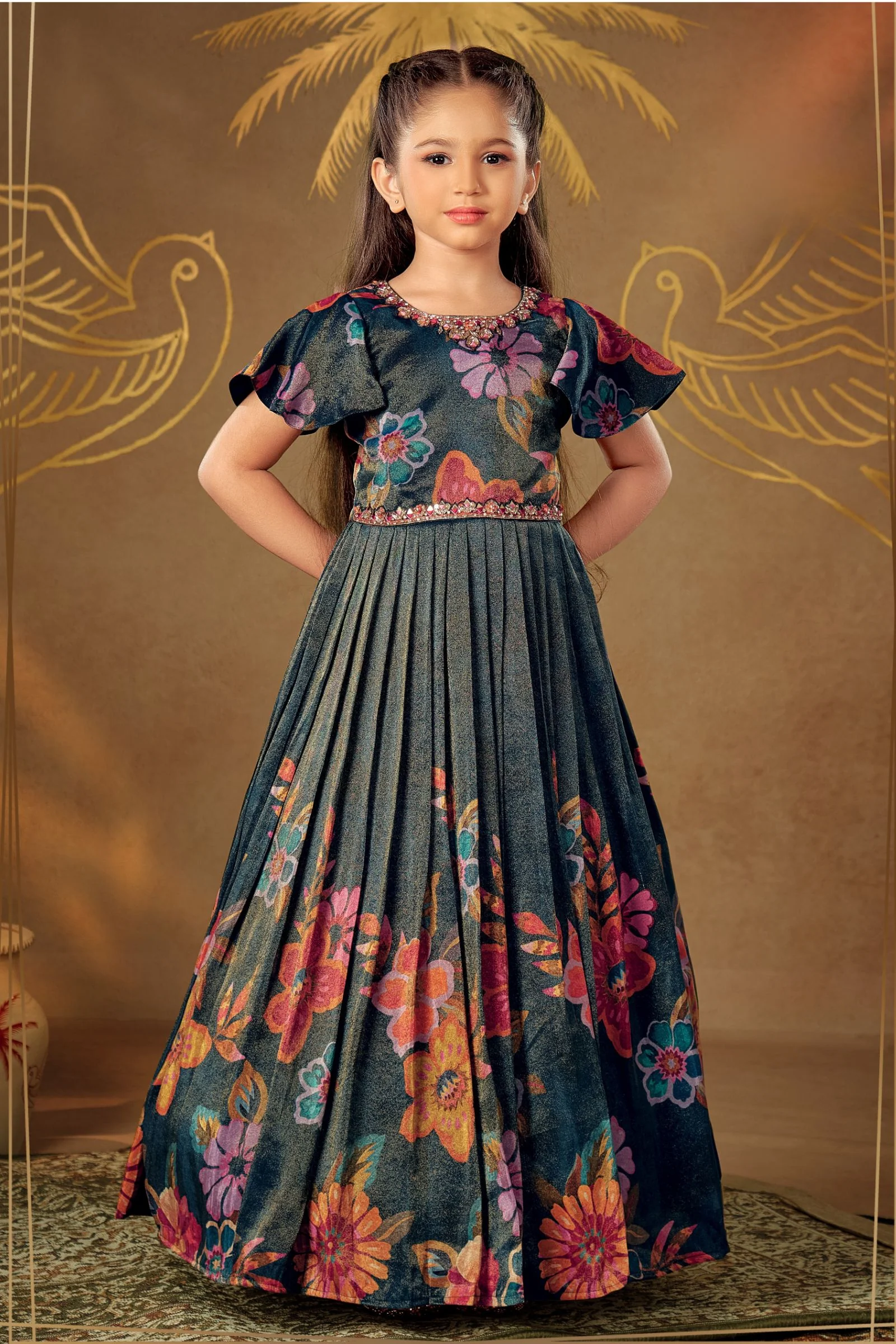 Peacock Blue Mirror, Stone, Sequins and Beads work with Floral Print Long Party Gown